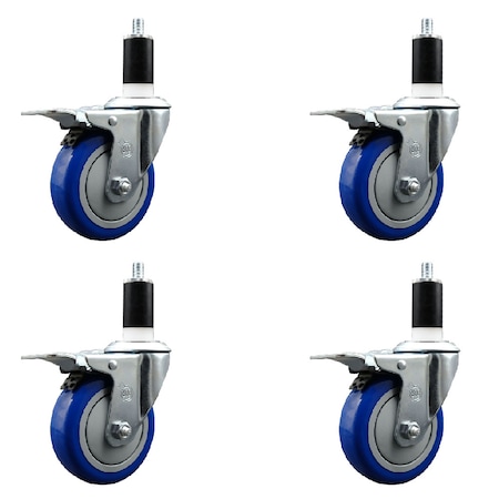 Service Caster 4'' SS Blue Poly Swivel 1-3/8'' Expanding Stem Caster Set Total Lock Brake, 4PK SCC-SSEXTTL20S414-PPUB-BLUE-138-4